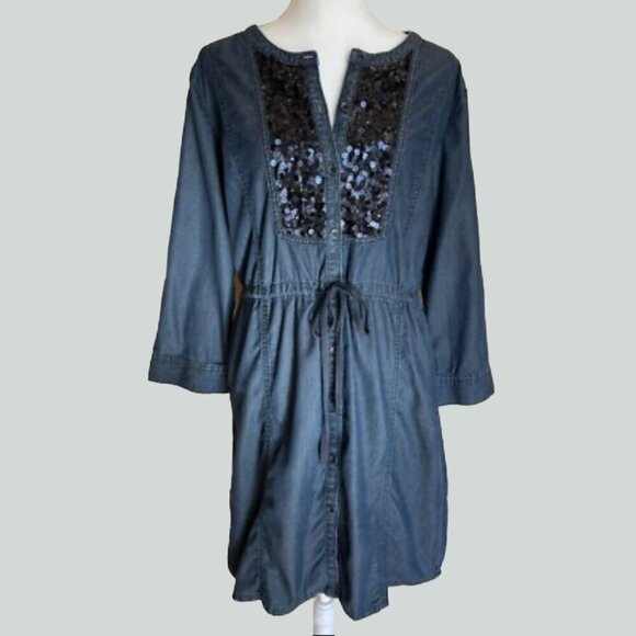 DKNY Jeans Sequin Embellished Denim Shirtdress - Picture 2 of 11
